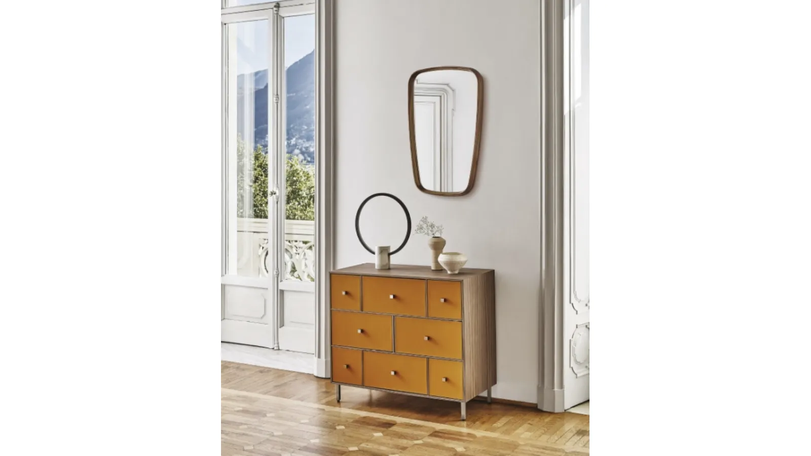 Rucellai wooden chest of drawers with drawers upholstered in leather by Porada