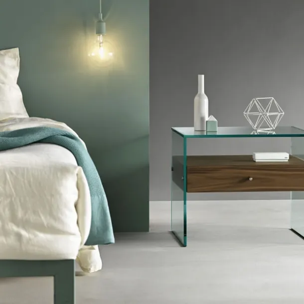 Glass bridge nightstand with drawer in Secret wood finish by Tonelli