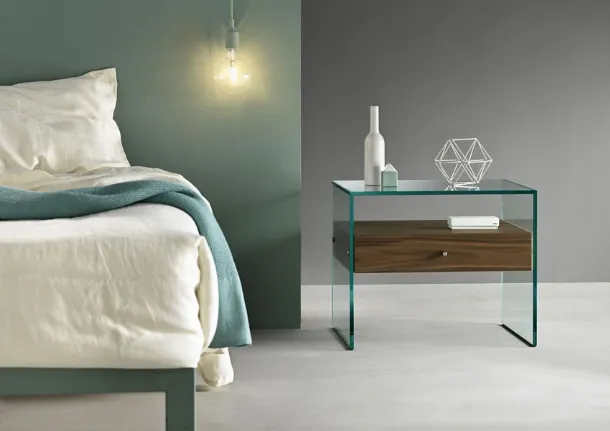 Glass bridge nightstand with drawer in Secret wood finish by Tonelli