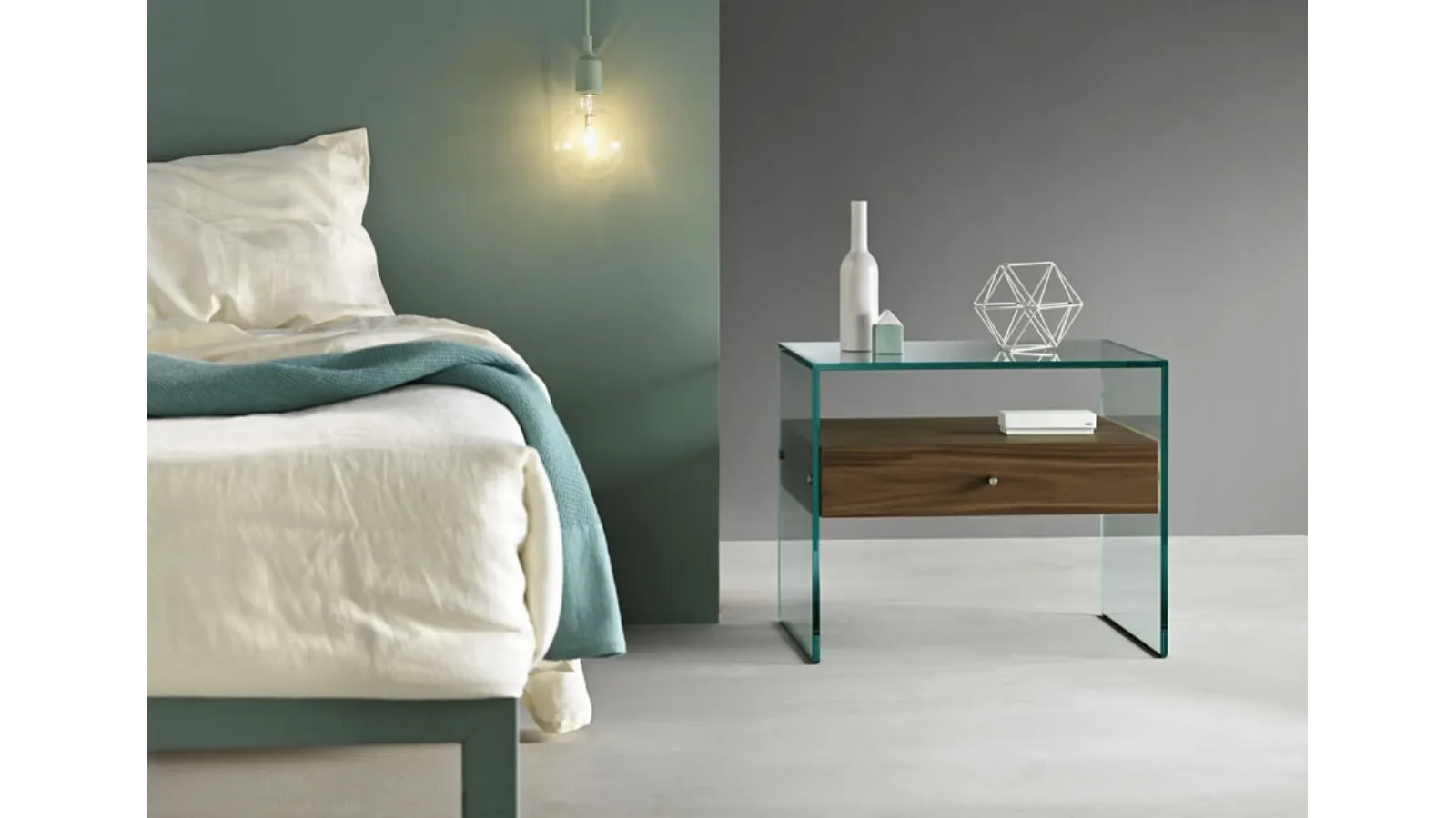 Glass bridge nightstand with drawer in Secret wood finish by Tonelli