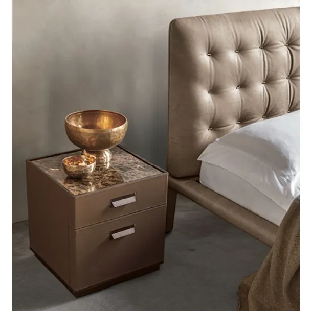 Skin bedside table with leather upholstery and marble top by Alivar