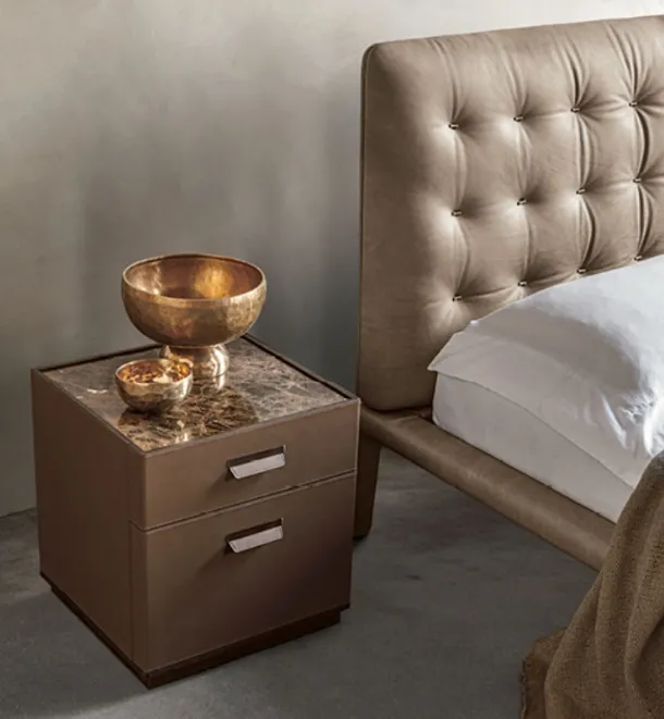 Skin bedside table with leather upholstery and marble top by Alivar