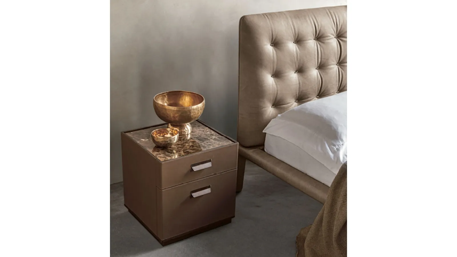 Skin bedside table with leather upholstery and marble top by Alivar