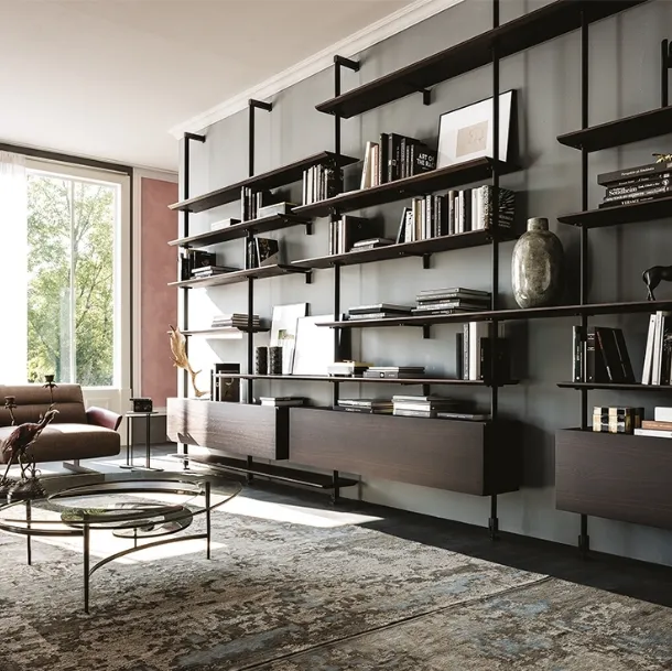 Wall-mounted modular bookcase in embossed steel and wood Airport by Cattelan Italia
