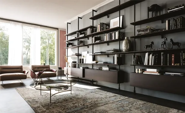 Wall-mounted modular bookcase in embossed steel and wood Airport by Cattelan Italia