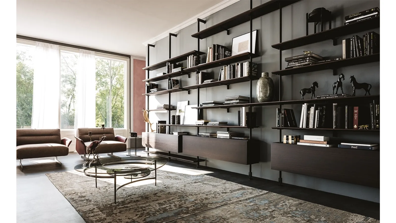 Wall-mounted modular bookcase in embossed steel and wood Airport by Cattelan Italia