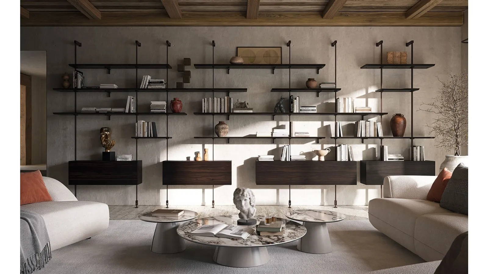 Modular wall-mounted bookcase in embossed steel and wood Airport by Cattelan Italia