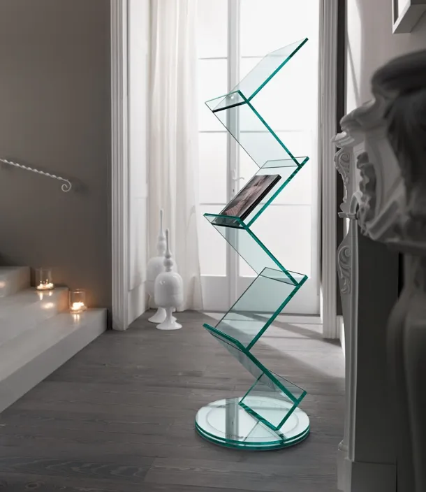 Glass bookshelf with rotating base on steel spheres Albero di Tonelli