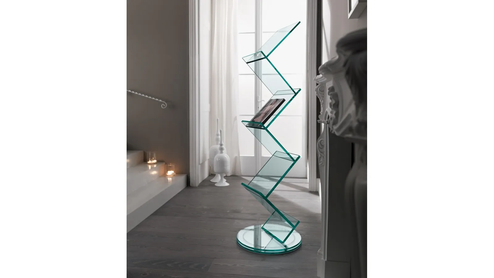 Glass bookshelf with rotating base on steel spheres Albero di Tonelli