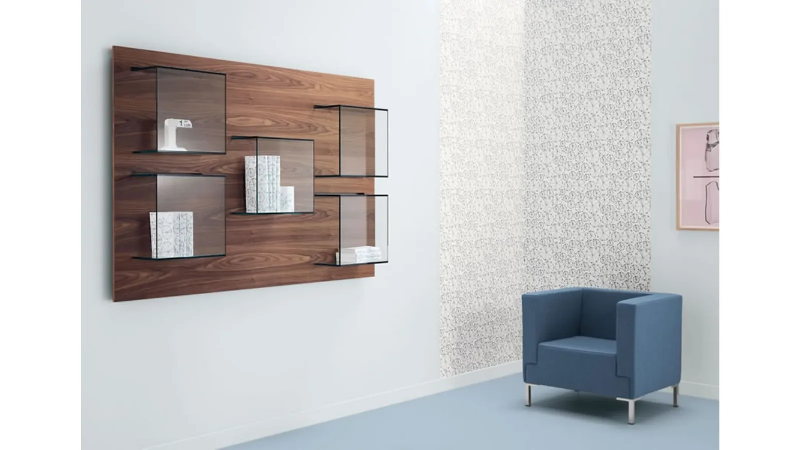 Wall-mounted glass bookshelf with Dazibao Walnut panel by Tonelli