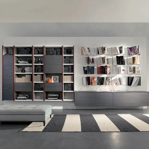 Edis 03 suspended bookcase in matte lacquer and lead elm doors by Fimar