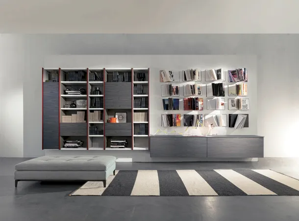 Edis 03 suspended bookcase in matte lacquer and lead elm doors by Fimar