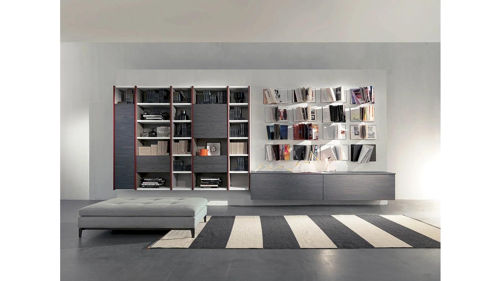 Edis 03 suspended bookcase in matte lacquer and lead elm doors by Fimar