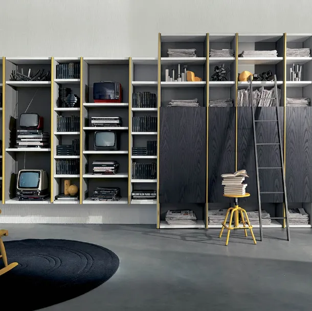 Edis 05 modular wall-mounted bookcase in matte lacquered finish and lava elm by Fimar