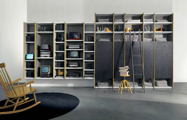 Edis 05 modular wall-mounted bookcase in matte lacquered finish and lava elm by Fimar