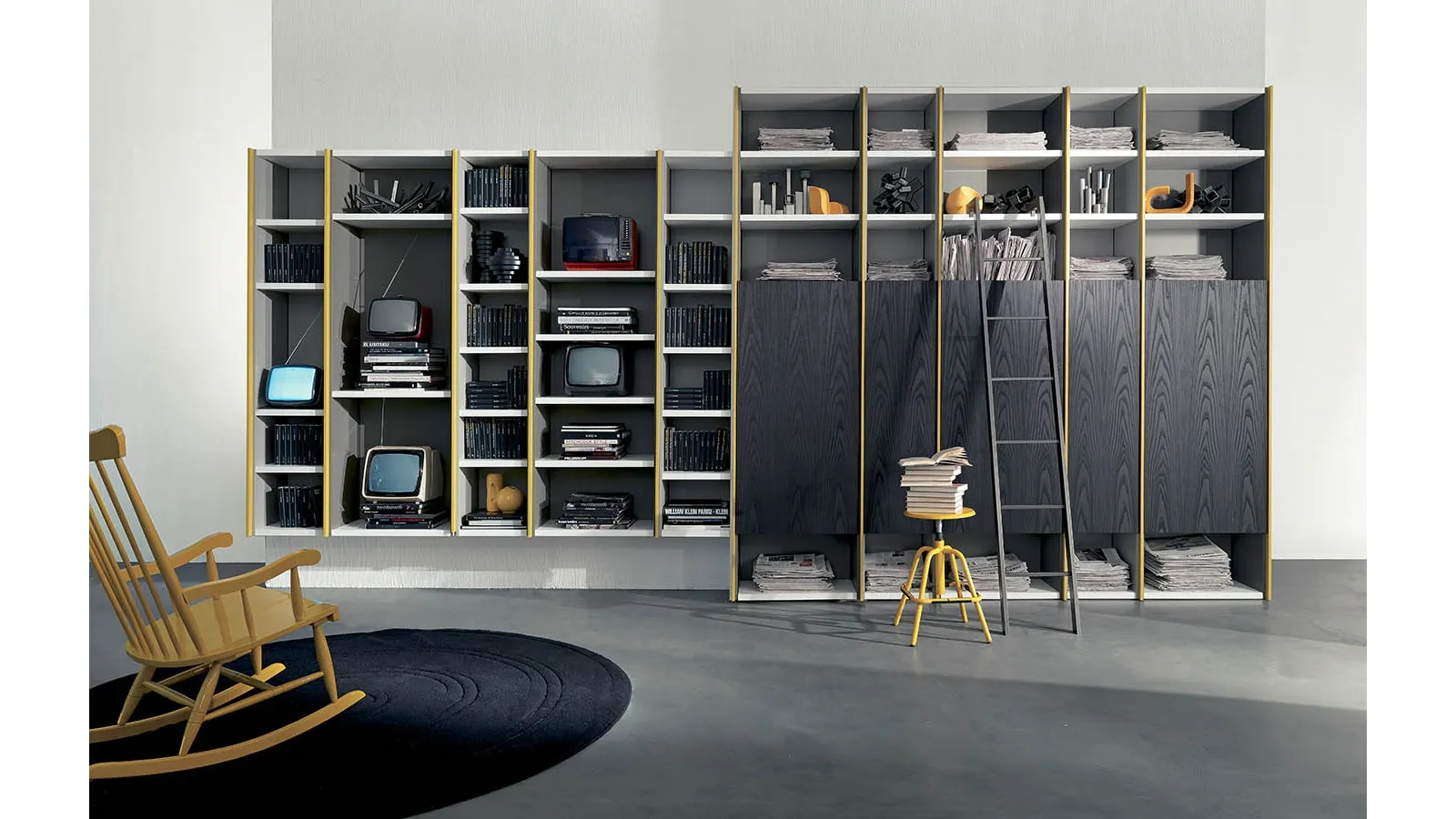 Edis 05 modular wall-mounted bookcase in matte lacquered finish and lava elm by Fimar