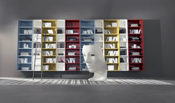 Suspended bookshelf with attachable ladder Edis 06 in matte lacquer by Fimar