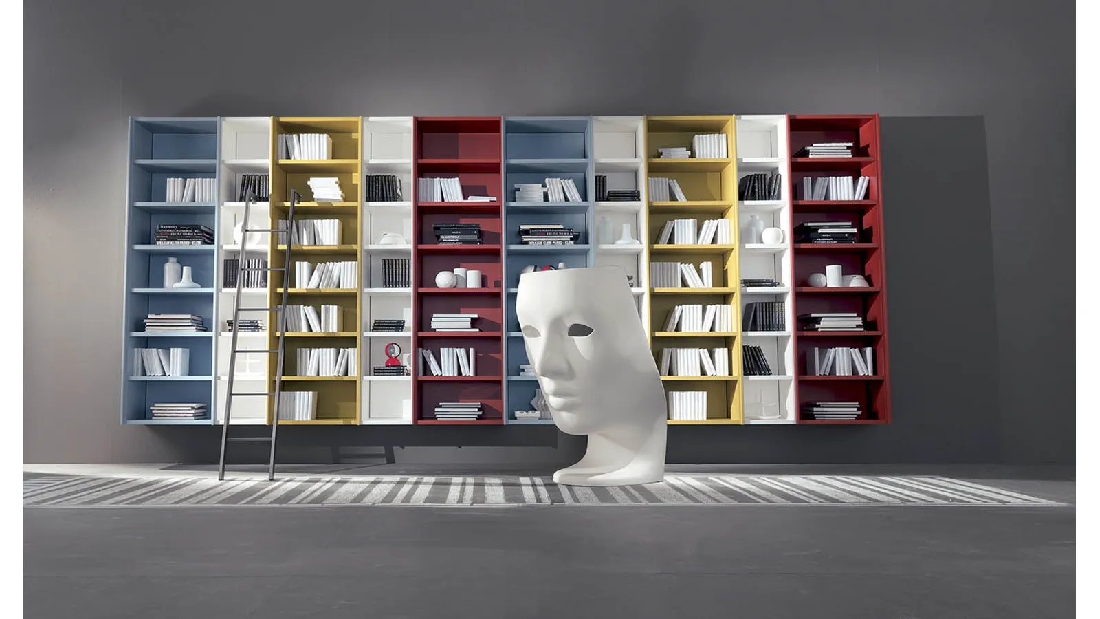Suspended bookshelf with attachable ladder Edis 06 in matte lacquer by Fimar