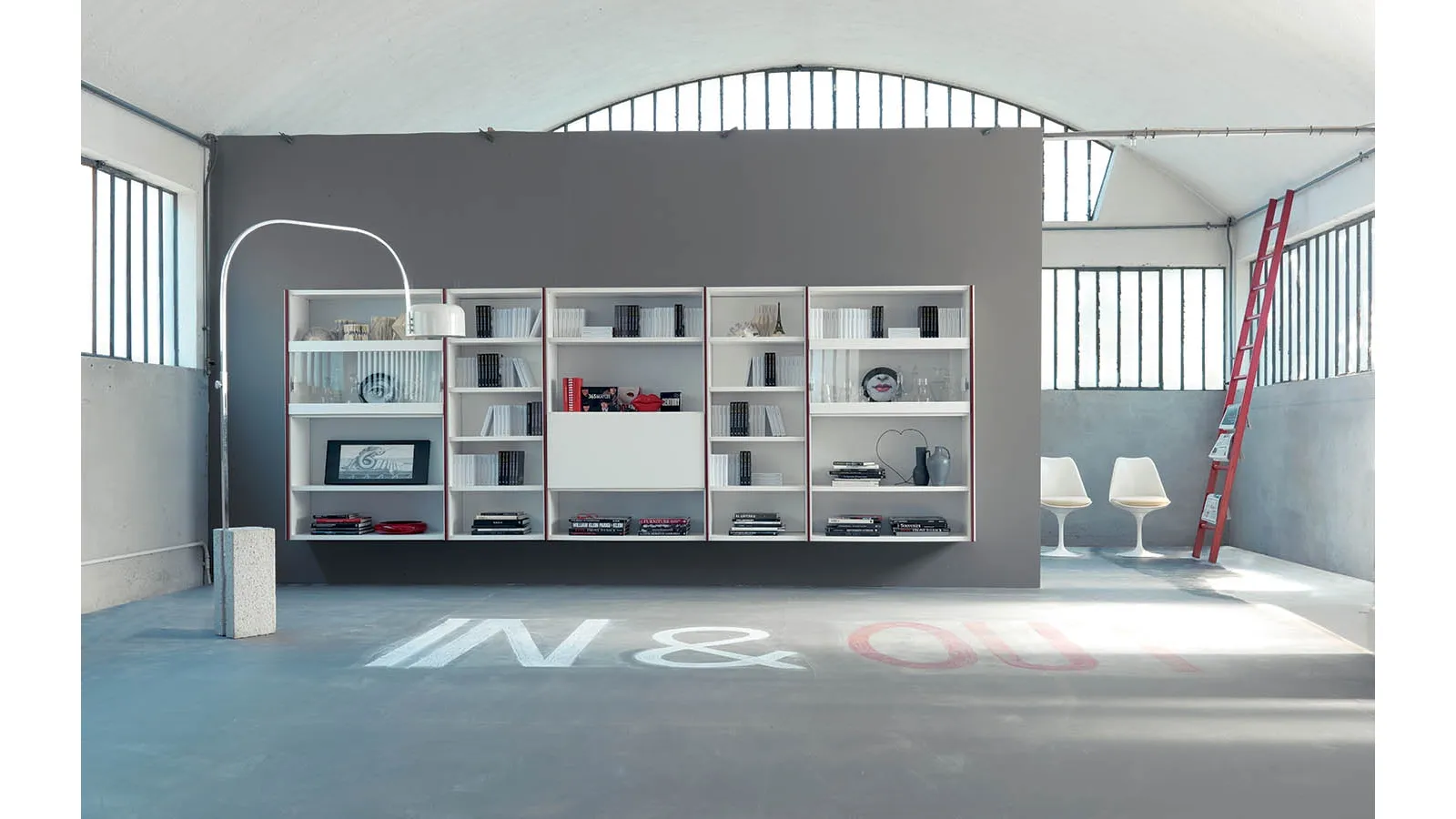 Edis 07 suspended bookcase in matte lacquer with transparent glass doors by Fimar