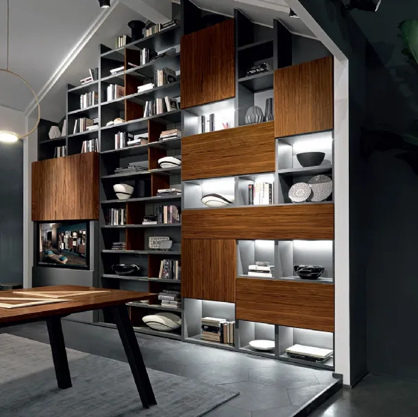 Wall-mounted Edis Sipario bookcase with hidden TV door in rosewood and matte lacquered by Fimar