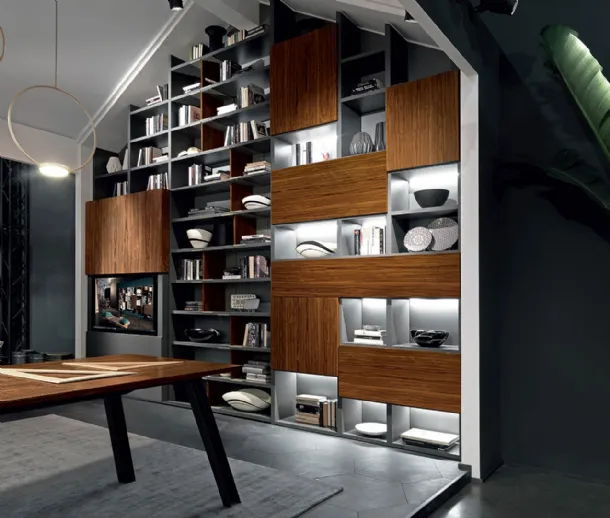 Wall-mounted Edis Sipario bookcase with hidden TV door in rosewood and matte lacquered by Fimar