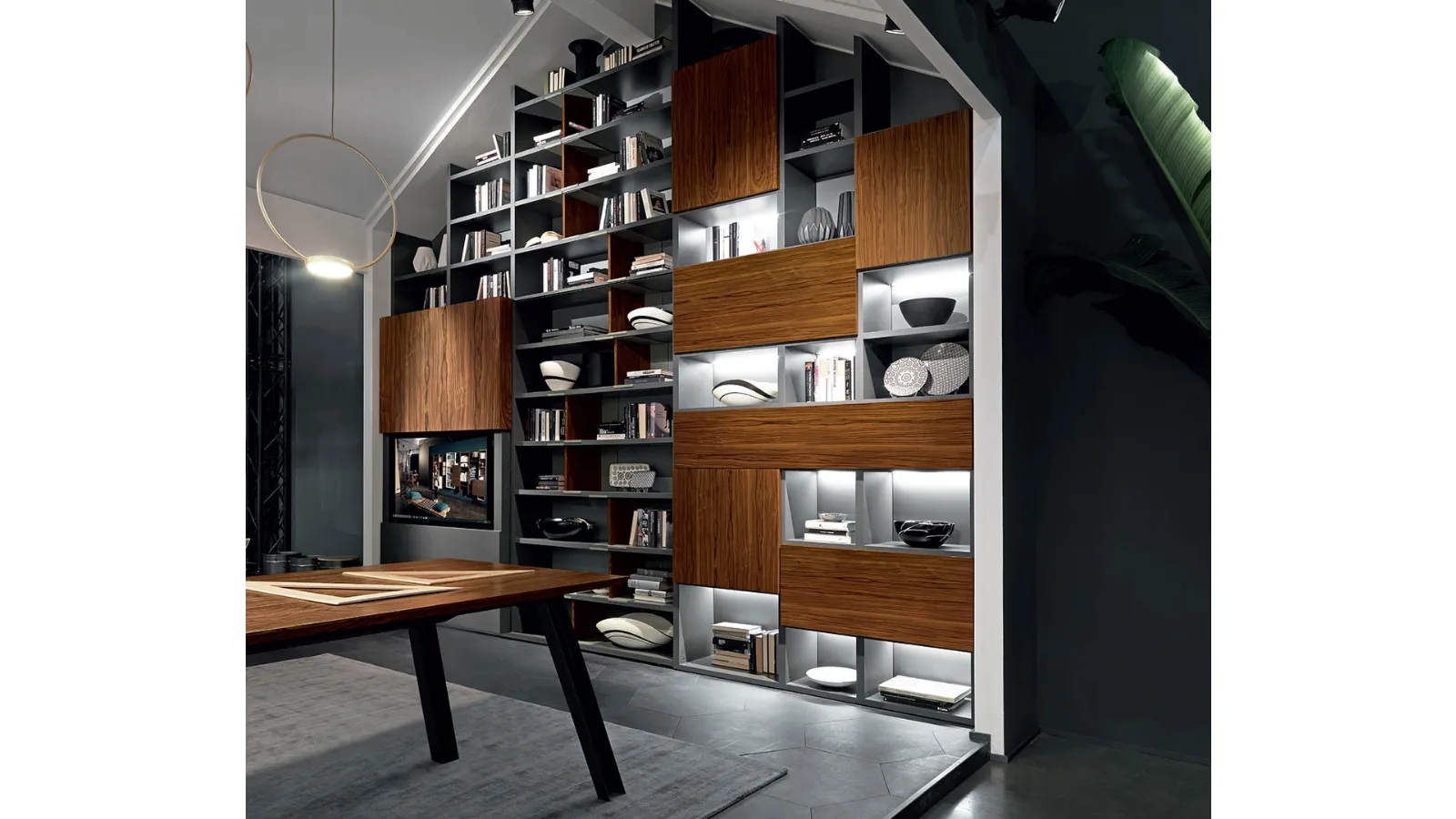 Wall-mounted Edis Sipario bookcase with hidden TV door in rosewood and matte lacquered by Fimar