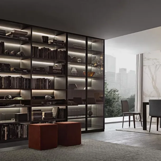 Flexus bookcase composition 03 in thermally treated oak and smoked glass by Giellesse
