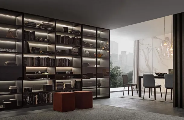 Flexus bookcase composition 03 in thermally treated oak and smoked glass by Giellesse