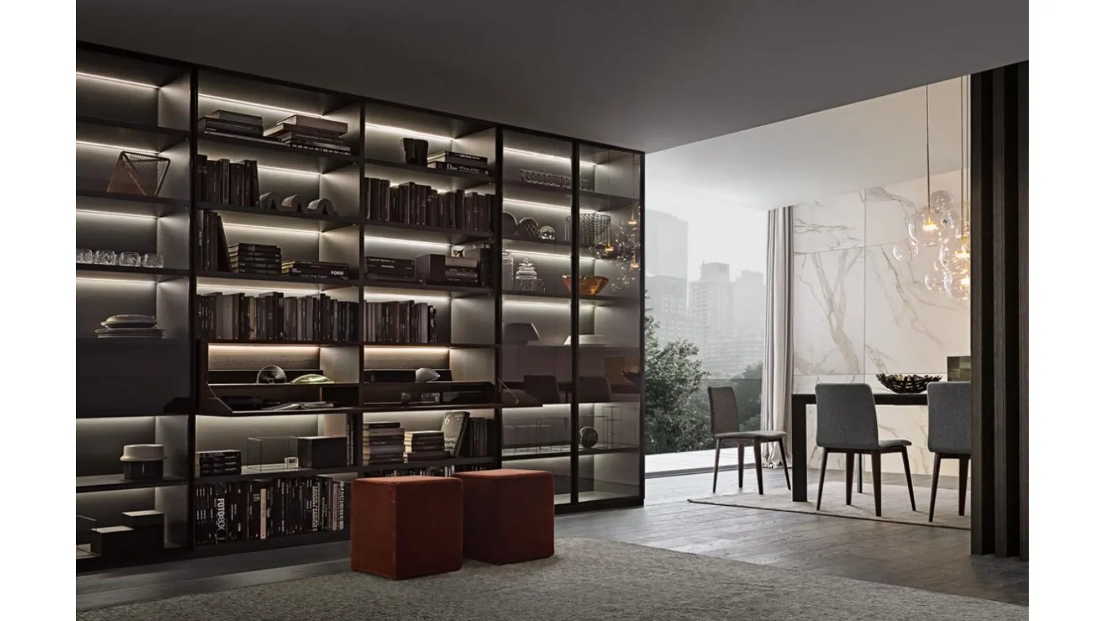 Flexus bookcase composition 03 in thermally treated oak and smoked glass by Giellesse