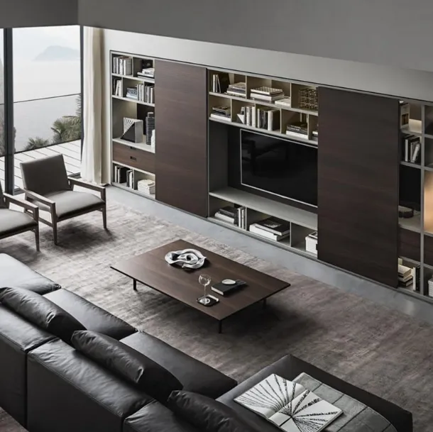 Flexus bookcase composition 06 in thermally treated oak and matte lacquered Grey by Giellesse