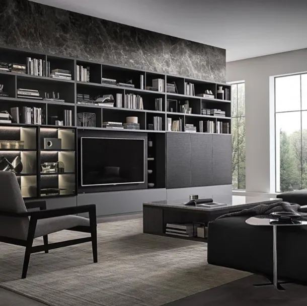 Flexus bookcase composition 07 in thermally treated oak and matte grey lacquered by Giellesse