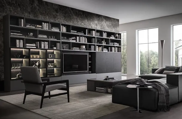 Flexus bookcase composition 07 in thermally treated oak and matte grey lacquered by Giellesse