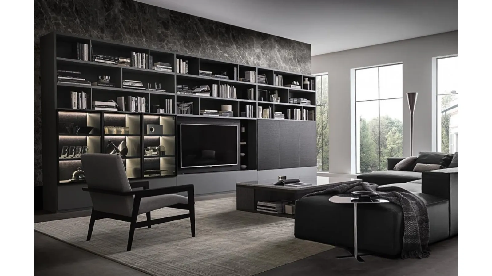 Flexus bookcase composition 07 in thermally treated oak and matte grey lacquered by Giellesse