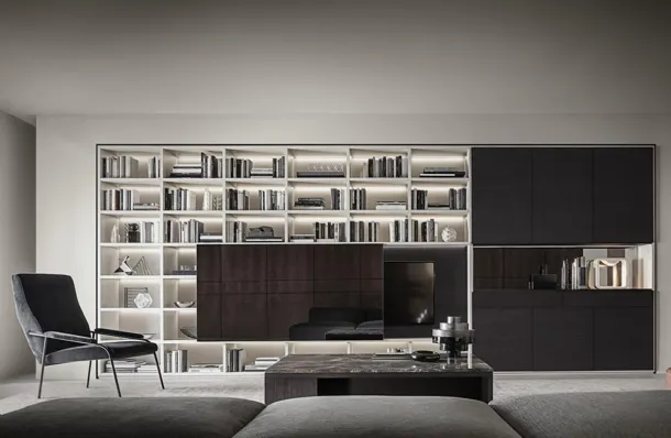 Flexus bookcase composition 08 in thermally treated oak and Giellesse white lacquered