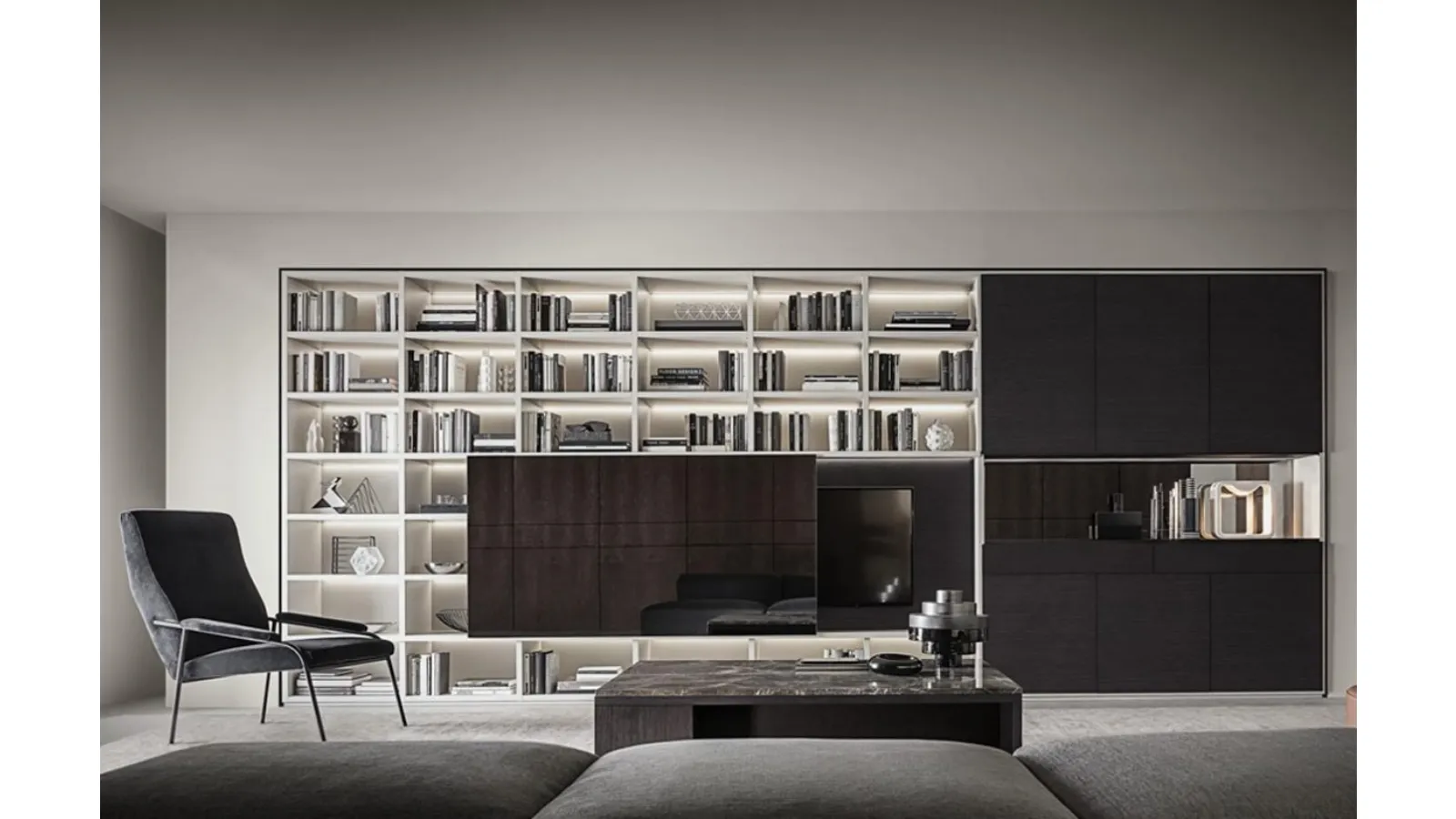 Flexus bookcase composition 08 in thermally treated oak and Giellesse white lacquered