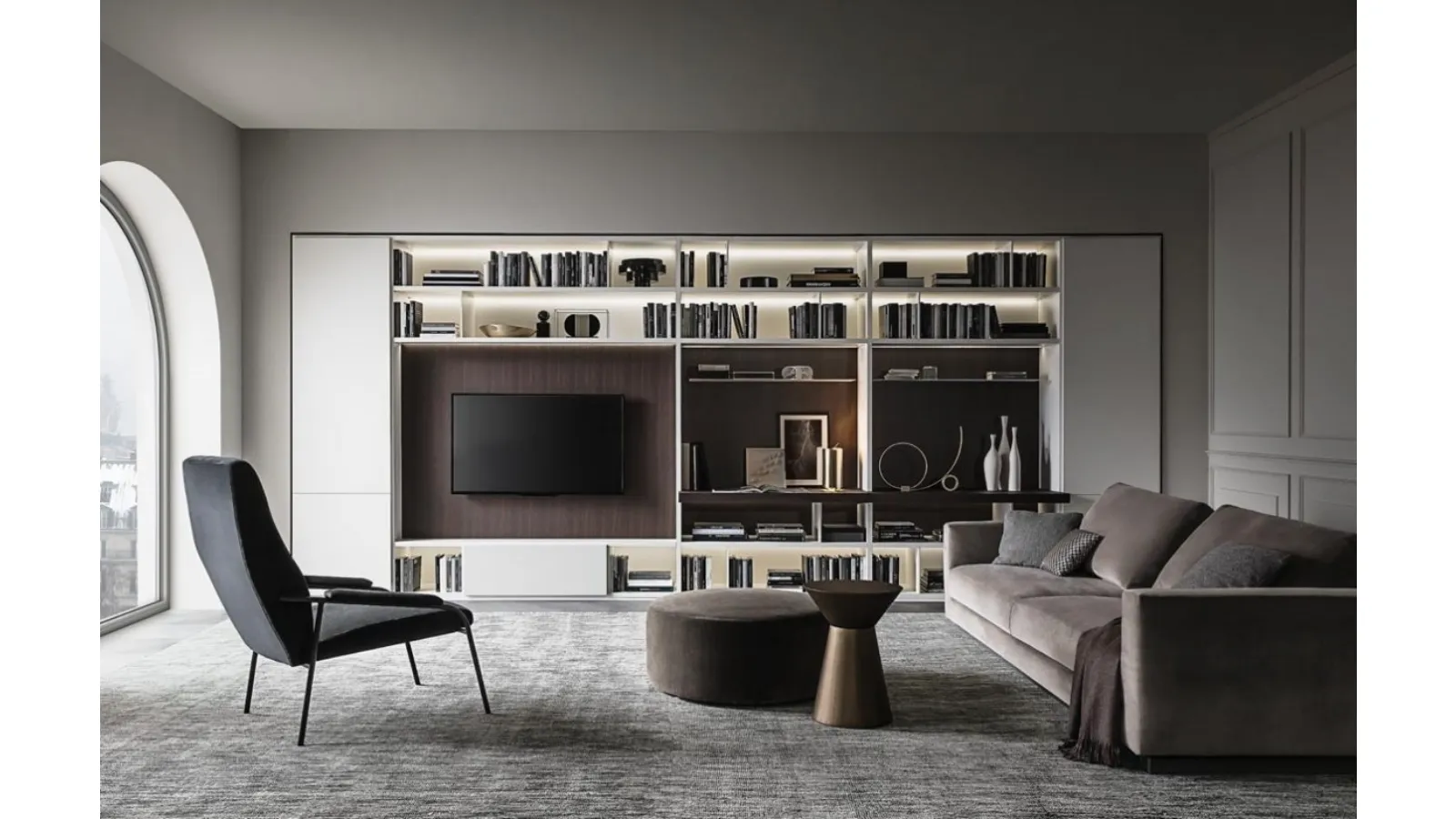 Flexus bookcase composition 09 in lacquered White and thermally treated Oak by Giellesse
