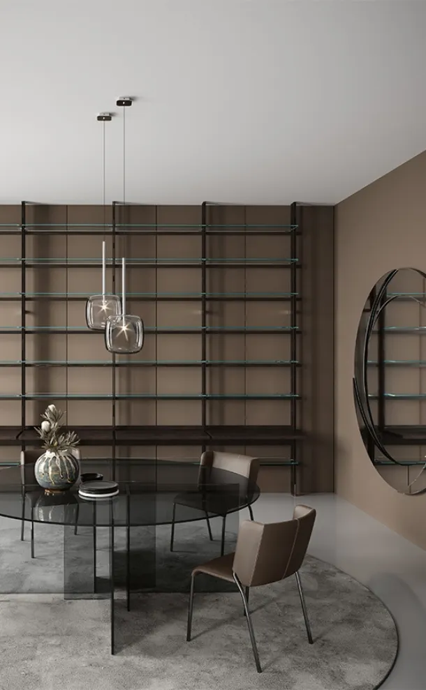 Modern Hemingway bookcase in solid wood with glass shelves by Tonelli