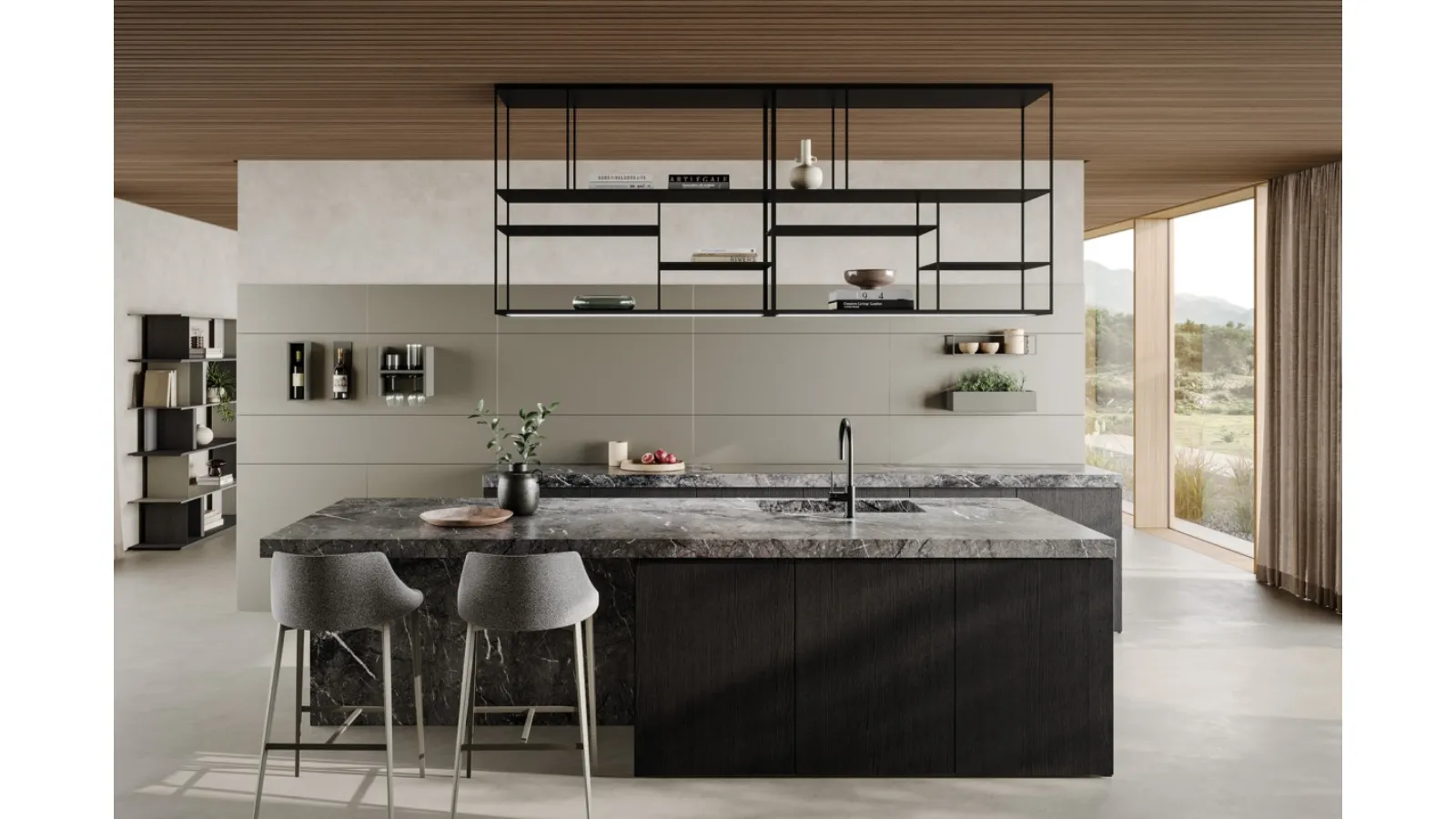 Levia Kitchen suspended bookshelf in painted metal by Ronda Design