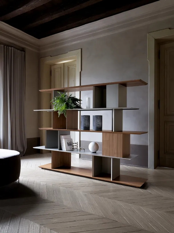 Modular magnetic wooden and painted metal partition bookshelf Libera 45 by Ronda Design