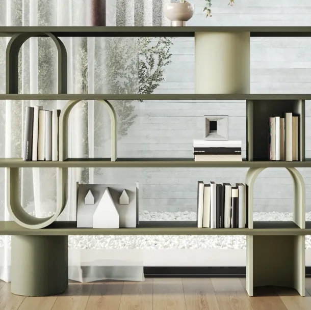 Libera Round room divider bookcase in lacquered wood with metal shelves by Ronda Design