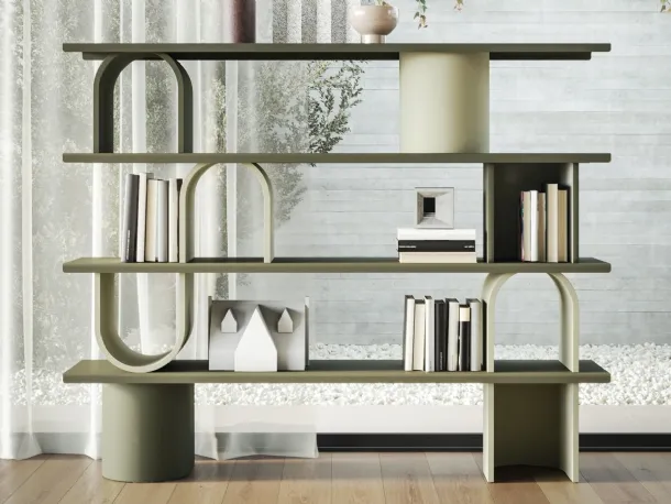 Libera Round room divider bookcase in lacquered wood with metal shelves by Ronda Design