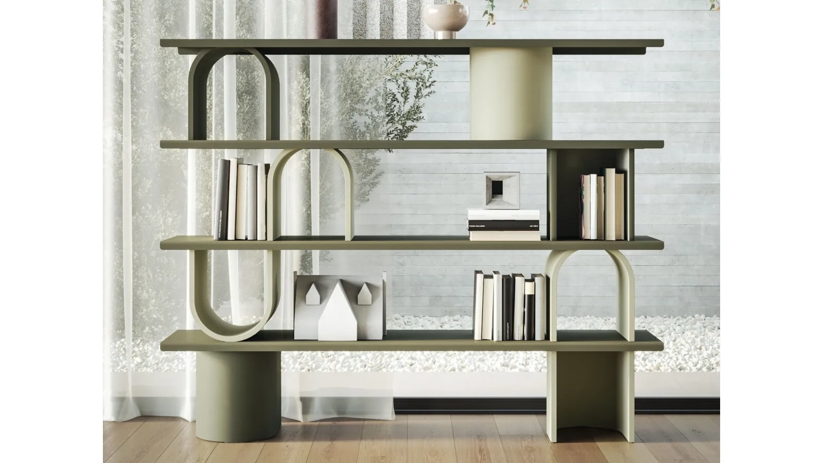 Libera Round room divider bookcase in lacquered wood with metal shelves by Ronda Design