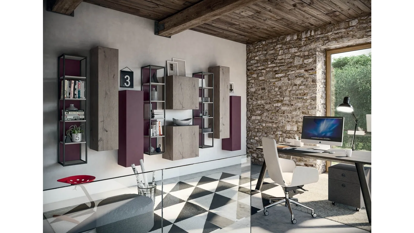 Rebel CF 172 bookshelf in wood and lacquered by Fimar