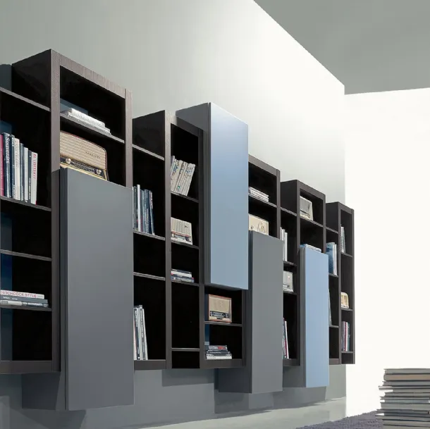 Side 16 bookcase in rust-colored elm with hinged door elements in matte quartz and cornflower blue lacquer by Fimar