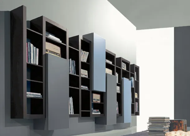 Side 16 bookcase in rust-colored elm with hinged door elements in matte quartz and cornflower blue lacquer by Fimar