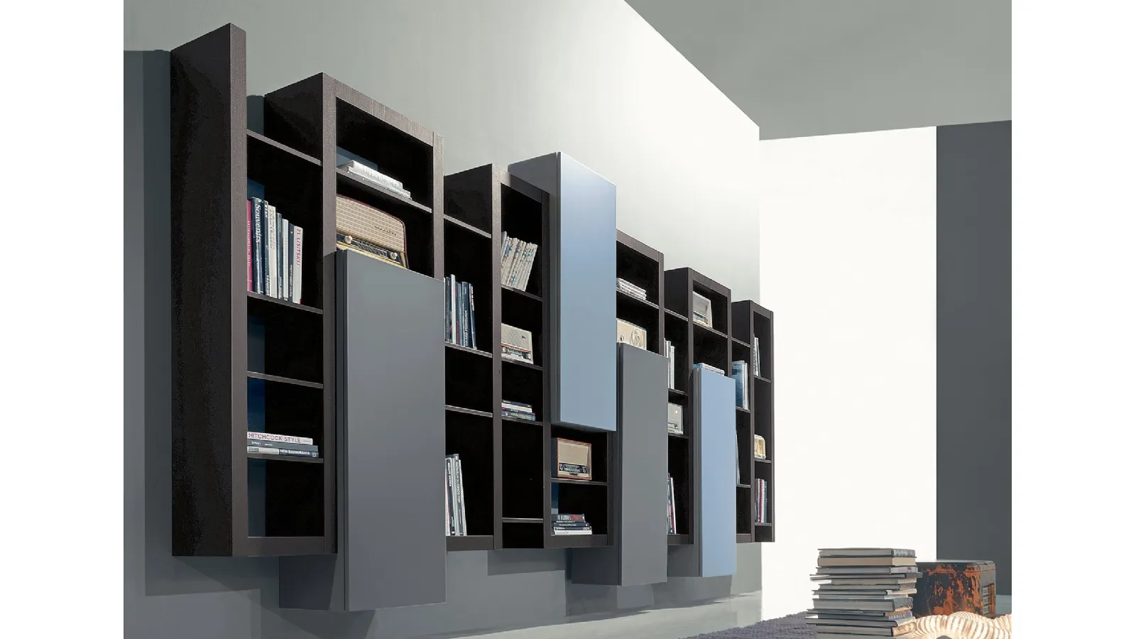 Side 16 bookcase in rust-colored elm with hinged door elements in matte quartz and cornflower blue lacquer by Fimar