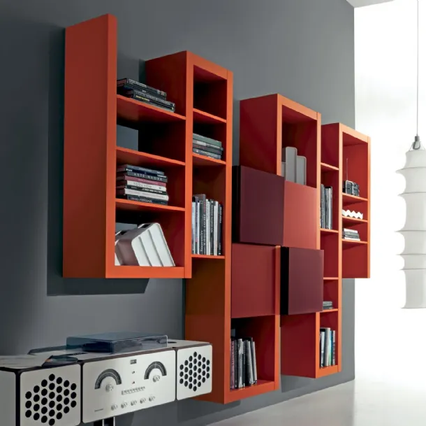 Side 17 Bookcase in matte lacquered orange, plum, and brick by Fimar