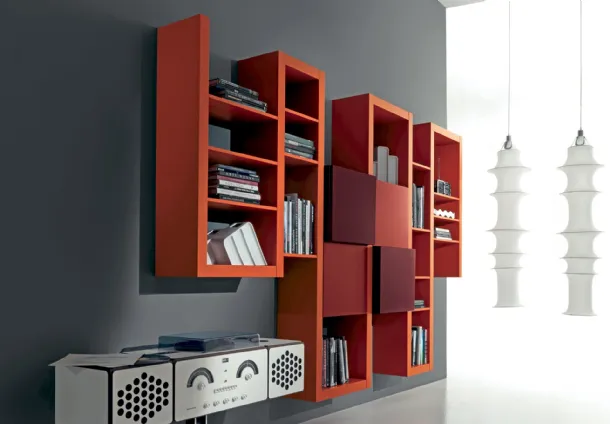 Side 17 Bookcase in matte lacquered orange, plum, and brick by Fimar