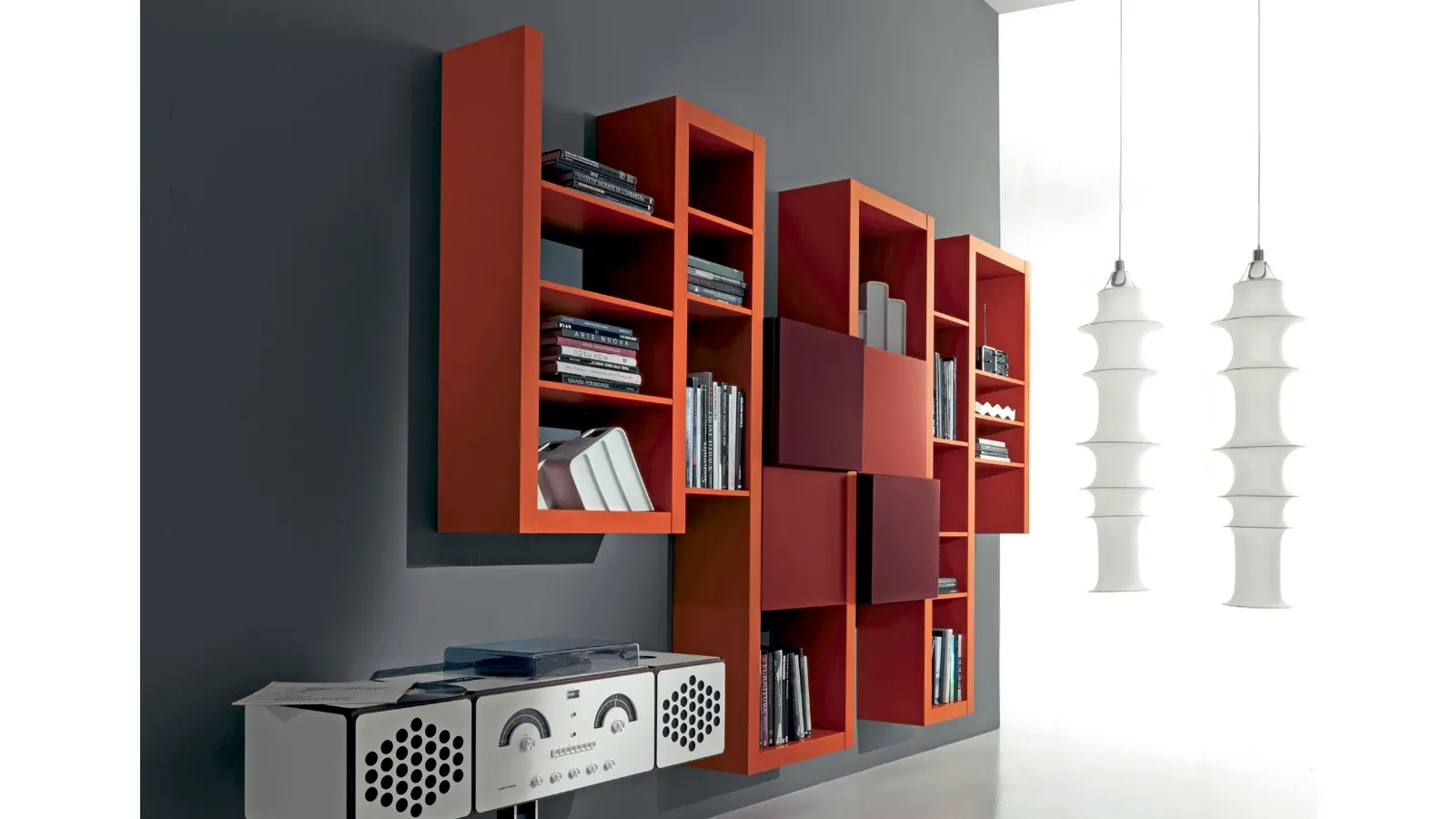 Side 17 Bookcase in matte lacquered orange, plum, and brick by Fimar