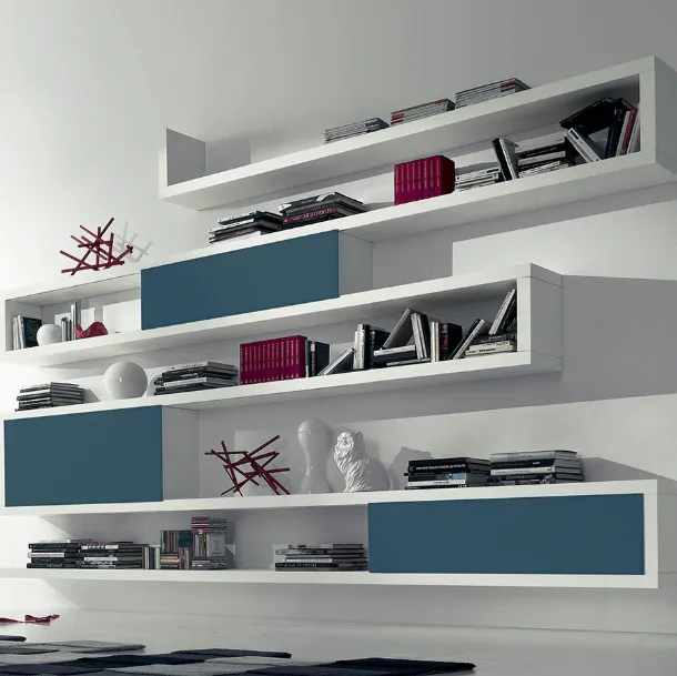 Wall-mounted bookcase in lacquered winter oak with sliding frosted lacquered Avio Side 18 doors by Fimar